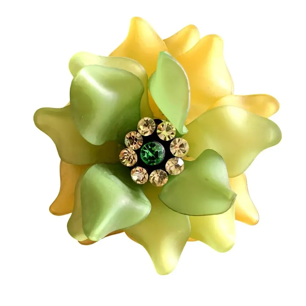 Vintage 70s Floral Brooch | Satin Acrylic Green Yellow Rhinestone